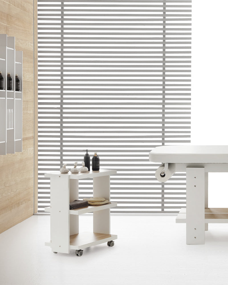 Living - White trolley with shelves in oak pattern